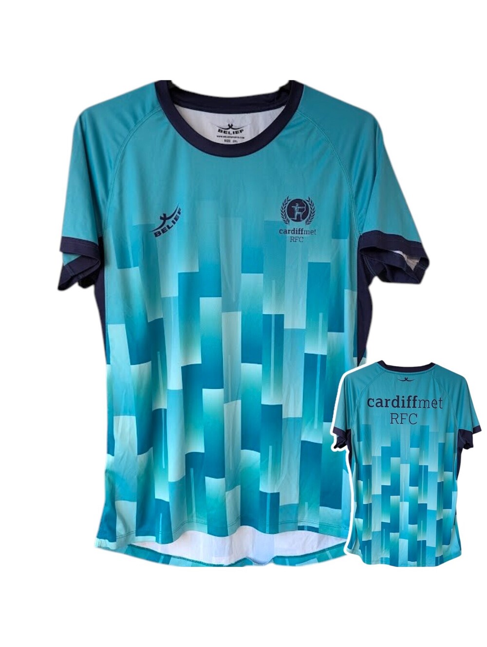 Belief Cardiff Met RFC Rugby Jersey Mens 2XL Blue Geometric Shirt 22.5x28.5